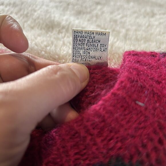 Vintage Sweater Large Mohair Long Line Pink Wool Blend Color Block Fuzzy Grunge - Picture 9 of 12
